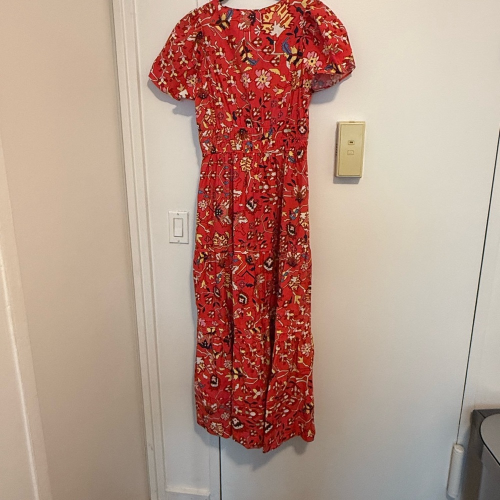 Anthropologie Red Smocked Maxi Dress with Puff Sleeves
